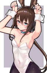Rule 34 | 1girl, alternate costume, amiya (arknights), animal ears, arknights, armpits, arms up, bare shoulders, black pantyhose, blue eyes, breasts, brown hair, closed mouth, collar, collarbone, commentary request, covered navel, expressionless, fake animal ears, grey background, hair between eyes, highleg, highleg leotard, highres, idashige (walkietalkie), infection monitor (arknights), jewelry, leotard, long hair, looking at viewer, low ponytail, multiple rings, neck ring, outline, pantyhose, playboy bunny, ponytail, rabbit ears, rabbit girl, ring, sidelocks, small breasts, solo, strapless, strapless leotard, thumb ring, white leotard, wrist cuffs