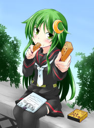 Rule 34 | 10s, 1girl, black thighhighs, blush, book, clipboard, crescent, crescent hair ornament, eating, food, food on face, green eyes, green hair, hair ornament, ichimi, kantai collection, long hair, long sleeves, matching hair/eyes, nagatsuki (kancolle), neckerchief, outstretched arm, personification, school uniform, serafuku, shirt, sitting, skirt, solo, thighhighs, very long hair, white neckerchief, zettai ryouiki