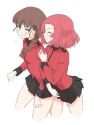 Rule 34 | 10s, 2girls, arm hug, black skirt, blush, braid, brown eyes, brown hair, commentary, epaulettes, flying sweatdrops, girls und panzer, grin, hair ornament, hair over shoulder, hairclip, highres, jacket, light frown, long hair, long sleeves, looking at another, looking back, military, military uniform, miniskirt, multiple girls, open mouth, parted lips, pleated skirt, red hair, red jacket, rosehip (girls und panzer), rukuriri (girls und panzer), short hair, simple background, single braid, skirt, smile, st. gloriana&#039;s military uniform, standing, uasi, uniform, v-shaped eyebrows, white background, yuri
