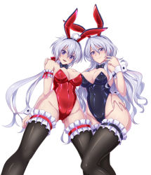 Rule 34 | 2girls, ahoge, animal ears, armband, asymmetrical docking, black legwear, black leotard, black neckwear, bow, bowtie, breast press, breasts, commentary request, detached collar, fake animal ears, feet out of frame, frilled legwear, from below, highres, leotard, light purple hair, looking at viewer, low twintails, medium breasts, mother and daughter, multiple girls, original, playboy bunny, purple eyes, rabbit ears, rabbit tail, red leotard, ribimura, senki zesshou symphogear, simple background, standing, strapless, strapless leotard, tail, thighhighs, twintails, white background, wrist cuffs, yukine chris