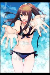Rule 34 | 10s, 1girl, bikini, black hair, blue eyes, breasts, brown hair, cleavage, front-tie top, gradient background, idolmaster, idolmaster cinderella girls, long hair, navel, one eye closed, open hands, outstretched arms, ponytail, shibuya rin, shikuro (masax1107), side-tie bikini bottom, solo, swimsuit, thigh gap, v-shaped eyebrows