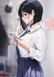 Rule 34 | 1girl, bag, black eyes, black hair, black necktie, blue skirt, blurry, blurry background, blush, bracelet, breast pocket, breasts, closed mouth, collared shirt, hands up, highres, holding, holding phone, jewelry, large breasts, looking at viewer, mole, mole on cheek, mugika, necktie, notice lines, original, outdoors, phone, plaid, plaid skirt, pleated skirt, pocket, shirt, short hair, skirt, solo, white shirt