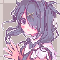 Rule 34 | 1girl, 4 74obake, ame-chan (needy girl overdose), black hair, black ribbon, collared shirt, commentary request, grey background, hair ornament, hair over one eye, hand up, highres, long hair, looking at viewer, neck ribbon, needy girl overdose, open hand, open mouth, outline, pixel art, purple eyes, red shirt, ribbon, shirt, solo, suspenders, twintails, upper body, white outline, x hair ornament