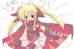 Rule 34 | 00s, 1girl, arm belt, belt, blonde hair, buckle, cape, elbow gloves, fate testarossa, fate testarossa (lightning form), fingerless gloves, gloves, looking at viewer, lyrical nanoha, magical girl, mahou shoujo lyrical nanoha, outstretched arms, pleated skirt, red eyes, rikudou inuhiko, showgirl skirt, simple background, single fingerless glove, sketch, skirt, solo, thighhighs, twintails, white background, white skirt