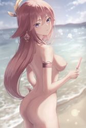 Rule 34 | 1girl, animal ears, armband, ass, beach, blush, breasts, ear ornament, female focus, food, fox ears, genshin impact, headpiece, highres, holding, holding food, jewelry, long hair, looking at viewer, looking back, nipples, nude, ocean, outdoors, pink hair, popsicle, purple eyes, solo, source request, standing, very long hair, vision (genshin impact), wet, yae miko