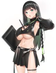 Rule 34 | 1girl, :o, aqua eyes, arm up, armpits, bare shoulders, belt, between breasts, black gloves, black hair, black serafuku, black shirt, black skirt, braid, breasts, cleavage, cleavage cutout, clothing cutout, cowboy shot, crop top, detached sleeves, dot nose, earrings, gloves, head tilt, heart cutout, holding, jewelry, large breasts, long hair, long sleeves, looking at viewer, midriff, miniskirt, mole, mole under eye, navel, no panties, object on breast, open mouth, original, personification, pleated skirt, popqn, revealing clothes, sailor collar, school uniform, serafuku, shiny clothes, shiny skin, shirt, side slit, simple background, skirt, solo, standing, stomach, stylus, tablet pc, thigh strap, thighs, underboob, white background