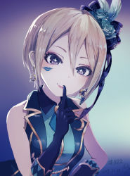 Rule 34 | + +, 1girl, bad id, bad pixiv id, bare shoulders, black gloves, blonde hair, blue flower, blue rose, blue shirt, blue vest, blush, closed mouth, collared shirt, commentary request, crescent, crescent earrings, dated, earrings, elbow gloves, flower, gloves, hair between eyes, hair ornament, hand up, idolmaster, idolmaster cinderella girls, index finger raised, jewelry, lipstick mark, minyom, purple eyes, rose, shiomi syuko, shirt, signature, smile, solo, upper body, vest