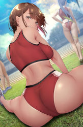 Rule 34 | 3girls, absurdres, ass, ass focus, bare arms, bare shoulders, bikini tan, blue hair, blurry, breasts, brown eyes, brown hair, commentary request, depth of field, foreshortening, from behind, gentsuki, head tilt, highres, kneepits, large breasts, long hair, looking at viewer, looking back, multiple girls, original, outdoors, parted lips, ponytail, red sports bra, short hair, sitting, smile, solo focus, sports bra, sportswear, spread legs, tan, tanline, thighs, track uniform