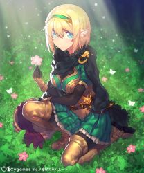 Rule 34 | 10s, 1girl, armor, armored dress, black pantyhose, blonde hair, blue eyes, blush, boots, breasts, bug, butterfly, cleavage cutout, cloak, clothing cutout, cygames, dagger, earrings, elf, fingerless gloves, fit (shingeki no bahamut), fita the elf, flower, full body, gloves, grass, hairband, holding, holding flower, insect, jewelry, kanjy00u, knife, large breasts, light, looking at viewer, on one knee, pantyhose, pointy ears, shingeki no bahamut, short hair, sitting, solo, sparkle, thigh boots, thighhighs, watermark, weapon