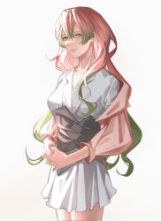 Rule 34 | 1girl, animated, animated gif, blinking, breasts, cowboy shot, dress, eyelashes, floating clothes, floating hair, gradient hair, green eyes, green hair, hair down, hana967531, highres, jacket, kanroji mitsuri, kimetsu no yaiba, long hair, looking at viewer, mole, mole under eye, multicolored hair, own hands together, pink hair, pink jacket, short dress, smile, solo, striped, striped background, two-tone hair, v-neck, vertical stripes, wavy hair, white dress, wind