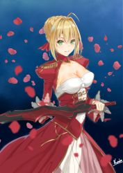 Rule 34 | 1girl, ahoge, asurada yui, blonde hair, blue background, braid, braided bun, breasts, cleavage, collarbone, corset, fate/extra, fate (series), gradient background, green eyes, hair between eyes, hair bun, hair ribbon, holding, holding sword, holding weapon, long sleeves, looking at viewer, medium breasts, nero claudius (fate), nero claudius (fate) (all), nero claudius (fate/extra), parted lips, petals, red ribbon, red skirt, red sleeves, ribbon, rose petals, see-through, short hair, shrug (clothing), signature, skirt, solo, standing, strapless, sword, weapon