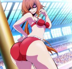 Rule 34 | 10s, 1girl, anime screenshot, ass, audience, bare arms, bare shoulders, bikini, bra, breasts, curvy, highres, hip focus, huge ass, keijo!!!!!!!!, long hair, looking at viewer, nami nanase, orange hair, outdoors, panties, purple eyes, slit pupils, smile, solo, standing, stitched, swimsuit, thick thighs, thighs, third-party edit, underwear, wide hips