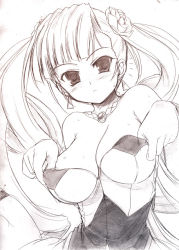 Rule 34 | 1girl, ^^^, aq interactive, arcana heart, arcana heart 2, areola slip, asaga aoi, atlus, bare shoulders, blush, breasts, cleavage, clothes pull, dress, dress pull, drill hair, earrings, embarrassed, examu, flower, frown, greyscale, hair flower, hair ornament, jewelry, large breasts, long hair, monochrome, necklace, no bra, pendant, petra johanna lagerkvist, pulled by self, rose, simple background, sketch, solo, surprised, sweat, twin drills, twintails, undressing, very long hair