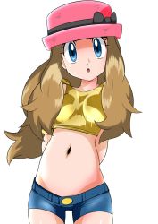 Rule 34 | 1girl, blue eyes, breasts, brown hair, camisole, commentary, creatures (company), denim, denim shorts, game freak, hainchu, hat, highres, long hair, looking at viewer, midriff, navel, nintendo, open mouth, pokemon, pokemon (anime), pokemon xy (anime), serena (pokemon), short shorts, shorts, simple background, sleeveless, solo, strapless, white background