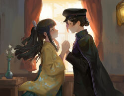 Rule 34 | 2girls, ace attorney, black capelet, black hair, black jacket, capelet, curtains, floral print, flower, holding hands, indoors, jacket, japanese clothes, kimono, long hair, looking at another, multiple girls, ponytail, qosic, rei membami, short hair, susato mikotoba, table, the great ace attorney, the great ace attorney 2: resolve, vase, window, yellow kimono