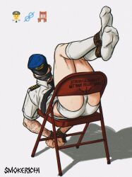 Rule 34 | 1boy, absurdres, arm tattoo, bara, bound, bound ankles, bound wrists, boxers, bulge, emoji, facing viewer, full body, gagged, hat, hat over eyes, highres, legs up, male focus, male underwear, necktie, no pants, original, police, police hat, police uniform, policeman, smokerichi, socks, solo, tattoo, thick thighs, thighs, three emoji challenge, underwear, uniform, white male underwear, white socks