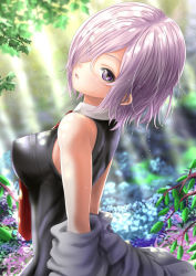 Rule 34 | 1girl, bare shoulders, breasts, collar, dappled sunlight, fate/grand order, fate (series), flower, forest, from behind, hair over one eye, head tilt, hydrangea, kein hasegawa, leaf, light rays, looking back, mash kyrielight, medium breasts, nature, necktie, outdoors, parted lips, purple eyes, purple hair, red necktie, removing jacket, short hair, sleeveless, sunbeam, sunlight, sweat, tree, upper body