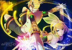 Rule 34 | 1boy, 1girl, arm warmers, blonde hair, blue eyes, brother and sister, detached sleeves, hair ornament, hair ribbon, hairclip, headphones, highres, kagamine len, kagamine len (append), kagamine rin, kagamine rin (append), mashibaya, ribbon, short hair, shorts, siblings, twins, vocaloid, vocaloid append