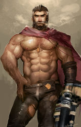 Rule 34 | 1boy, abs, bara, bare pectorals, beard, bulge, cape, clothes pull, contrapposto, dark-skinned male, dark skin, facial hair, feet out of frame, graves (league of legends), gun, holding, holding gun, holding weapon, jewelry, league of legends, looking at viewer, male focus, male pubic hair, mature male, muscular, muscular male, mustache, navel, navel hair, necklace, nipples, pants, pants pull, pectorals, pubic hair, pulling own clothes, red cape, rybiok, short hair, solo, stomach, thick thighs, thighs, topless male, torn clothes, torn pants, veins, weapon