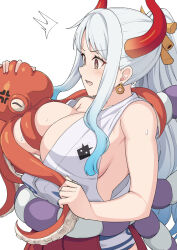 Rule 34 | 1girl, bare shoulders, blush, breasts, cleavage, horns, large breasts, long hair, octopus, one piece, open mouth, orange eyes, orange horns, ponytail, shiseki hirame, sidelocks, solo, white hair, yamato (one piece)