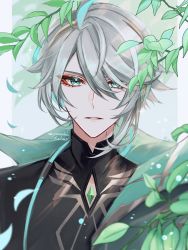 Rule 34 | 1boy, absurdres, ahoge, alhaitham (genshin impact), bare shoulders, bodysuit, branch, cape, commentary request, earrings, expressionless, eyelashes, eyeliner, falling leaves, gem, genshin impact, genshin kakino, green cape, green eyes, green hair, grey hair, hair between eyes, hair over one eye, highres, jewelry, leaf, looking at viewer, male focus, multicolored hair, open mouth, parted lips, red eyeliner, sidelocks, single earring, solo, streaked hair, twitter username, upper body