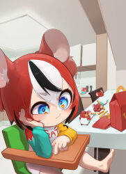 Rule 34 | 1girl, absurdres, aged down, animal ears, appleblossomtea, apron, black hair, chair, child, commentary, food, french fries, hakos baelz, happy meal, head rest, highres, hololive, hololive english, kitchen, mouse (animal), mouse ears, mouse girl, mr. squeaks (hakos baelz), pout, red hair, short twintails, table, toddler, twintails, virtual youtuber, white apron, white hair