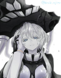 Rule 34 | 10s, 1girl, abyssal ship, admiral (kancolle), ajino (sakanahen), black gloves, blue eyes, bodysuit, breasts, colored eyelashes, crack, cracked skin, gloves, hand on another&#039;s face, hiraki ajino, holding hands, kantai collection, long sleeves, open mouth, short hair, short hair with long locks, silver hair, simple background, smile, solo focus, teeth, text focus, torn bodysuit, torn clothes, twitter username, upper body, white background, white gloves, wo-class aircraft carrier