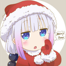 Rule 34 | 1girl, beads, blue eyes, blush, brown background, close-up, coat, english text, gloves, gradient hair, hair beads, hair ornament, hand up, hat, kanna kamui, kobayashi-san chi no maidragon, long sleeves, merry christmas, multicolored hair, open mouth, purple hair, red coat, red gloves, red hat, samansa ex, santa hat, short hair, solo, speech bubble, white background, white hair