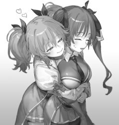 Rule 34 | 2girls, assault lily, belt, between breasts, blurry, breasts, closed eyes, closed mouth, collared shirt, commentary, cowboy shot, depth of field, elbow gloves, from side, gloves, gradient background, grey background, greyscale, hair between eyes, hair ribbon, half-closed eyes, heads together, heart, highres, hishida haru, hug, hug from behind, juliet sleeves, light blush, long hair, long sleeves, looking at another, lower teeth only, medium breasts, medium hair, miniskirt, monochrome, multiple girls, necktie, necktie between breasts, odaiba girls high school uniform, pantyhose, parted lips, pleated skirt, puffy sleeves, ribbon, school uniform, shirt, short twintails, skirt, sleeve bow, smile, standing, suzuki chinami, sweatdrop, teeth, tori udon, twintails, waist cape, white background, yuri