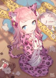 2girls, :p, absurdres, animal ears, animal print, blue eyes, bow, cat ears, character request, chestnut mouth, cushion, eyes closed, female focus, hair bow, highres, k725, leopard print, leopard tail, looking at viewer, lying, multiple girls, on back, pajamas, paw pose, pink hair, sitting, stretch, stuffed animal, stuffed toy, tail, teddy bear, tongue, tongue out, virtual youtuber, white hair, wooden floor, wright flyer live entertainment, yawning, yokozuwari