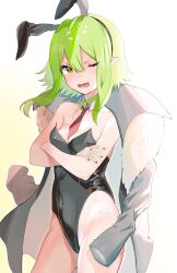 Rule 34 | 1girl, absurdres, animal ear hairband, animal ears, blush, coat, coat on shoulders, commentary request, crossed arms, detached collar, elma07, fake animal ears, green hair, hairband, highleg, highleg leotard, highres, leotard, nail polish, necktie, one eye closed, open mouth, original, oversized breast cup, playboy bunny, pointy ears, rabbit ear hairband, rabbit ears, sharp teeth, short eyebrows, short hair with long locks, solo, teeth, v-shaped eyebrows, yellow eyes