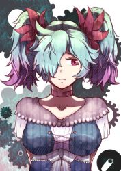 Rule 34 | 1girl, absurdres, alternate costume, breasts, closed mouth, cosplay, fire emblem, fire emblem fates, gears, gradient hair, hair over one eye, hatsune miku, hatsune miku (cosplay), highres, karakuri pierrot (vocaloid), large breasts, looking to the side, momokahamany, multicolored hair, nintendo, peri (fire emblem), red eyes, simple background, solo, twintails, upper body