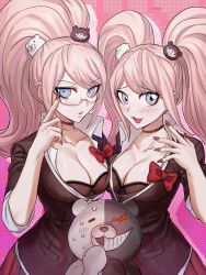 Rule 34 | 2girls, :3, absurdres, black bra, black choker, black jacket, blonde hair, blue eyes, bow, bra, breasts, choker, cleavage, closed eyes, collarbone, collared shirt, danganronpa: trigger happy havoc, danganronpa (series), drop shadow, dual persona, enoshima junko, female focus, glasses, godzillapigeon1, gradient background, hair ornament, happy, high ponytail, highres, jacket, lace, lace-trimmed bra, lace trim, large breasts, long hair, looking at viewer, monokuma, multiple girls, nail polish, open clothes, open mouth, open shirt, pink background, pleated skirt, pocket, red bow, red nails, red skirt, school uniform, semi-rimless eyewear, shiny skin, shirt, sidelocks, skirt, smile, standing, sweat, swept bangs, symmetry, twintails, underwear, upper body, v-shaped eyebrows, white shirt