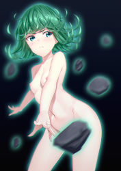 Rule 34 | 1girl, black background, blue eyes, breasts, convenient censoring, floating rock, green hair, kai (link2262), nipples, nude, one-punch man, short hair, simple background, small breasts, solo, tatsumaki, telekinesis