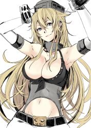 Rule 34 | 10s, 1girl, armpits, arms up, atoshi, bare shoulders, belt, blonde hair, blue eyes, breasts, buckle, cleavage, elbow gloves, gloves, iowa (kancolle), kantai collection, large breasts, long hair, looking at viewer, midriff, navel, smile, solo