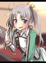 Rule 34 | 10s, 1girl, ^^^, ahoge, akitsushima (kancolle), armpit cutout, blush, book, breasts, buttons, clothing cutout, earrings, gloves, grey hair, hair ornament, hair ribbon, hand on own ass, highres, holding, holding book, jewelry, kantai collection, leaning forward, long hair, long sleeves, military, military uniform, one-hour drawing challenge, open mouth, pleated skirt, purple eyes, purple hair, ribbon, side ponytail, sidelocks, skirt, solo focus, soramuko, sweatdrop, translated, twitter username, uniform, wavy mouth, white gloves