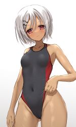 Rule 34 | 1girl, absurdres, adjusting buruma, adjusting clothes, adjusting swimsuit, amairo islenauts, blush, breasts, buruma, cameltoe, closed mouth, collarbone, competition swimsuit, covered navel, dark-skinned female, dark skin, eyelashes, grey hair, groin, hair between eyes, hair ornament, hairpin, highleg, highres, hinomiya konoka, looking at viewer, ncontrail (mgax7527), one-piece swimsuit, parted bangs, red eyes, short hair, simple background, small breasts, solo, swimsuit, thighs, wavy mouth, white background, yuzu-soft