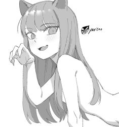 Rule 34 | 1girl, animal ears, blush, claw pose, commentary request, fang, fingernails, hand up, holo, korean commentary, long hair, looking at viewer, monochrome, nude, open mouth, sharp fingernails, signature, simple background, sketch, smile, solo, spice and wolf, upper body, wolf ears, wolf girl, yaritoo