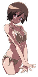 Rule 34 | 1girl, bikini, breasts, breasts squeezed together, brown bikini, brown hair, cropped legs, large breasts, nishieda, own hands together, pink eyes, short hair, side-tie bikini bottom, simple background, smile, solo, swimsuit, symbol-shaped pupils, v arms