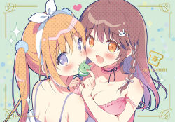 Rule 34 | 2girls, :d, bare shoulders, blonde hair, blush, bra, braid, breasts, brown eyes, brown hair, camisole, cleavage, collarbone, commentary request, feeding, floral background, food, frilled camisole, frills, green background, hair between eyes, heart, holding, holding food, long hair, looking at viewer, looking back, macaron, medium breasts, multiple girls, off shoulder, open mouth, original, pan (mimi), pink camisole, polka dot, purple bra, purple eyes, shirt, single braid, smile, strap slip, twintails, underwear, upper body, white shirt