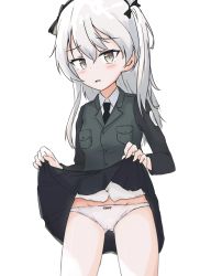 Rule 34 | 1girl, bad id, bad pixiv id, black jacket, black necktie, black ribbon, black skirt, blush, bow, bow panties, clothes lift, commentary request, cowboy shot, crotch seam, dress shirt, emblem, girls und panzer, gluteal fold, groin, hair ribbon, highres, jacket, kiroshi, korean commentary, lifted by self, light brown hair, light frown, long hair, long sleeves, looking at viewer, military, military uniform, miniskirt, necktie, one side up, panties, parted lips, pleated skirt, ribbon, selection university military uniform, shimada arisu, shirt, skirt, skirt lift, solo, standing, underwear, uniform, white panties, white shirt