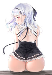 Rule 34 | 1girl, absurdres, ass, azur lane, back cutout, bad id, bad pixiv id, bare shoulders, clothing cutout, commentary request, dido (azur lane), dress, frills, from behind, hair ribbon, hairband, highres, long hair, looking back, maid, open mouth, panties, pink eyes, ribbon, silver hair, sitting, solo, thong, underwear, white panties, yamiiv