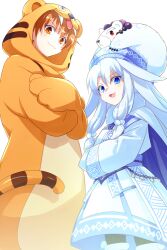 2girls ainu_clothes animal_costume animal_print bear black_pantyhose blue_eyes blue_hat breasts brown_eyes brown_hair cape crossed_arms echo_(circa) fate/grand_order fate_(series) fur_trim hair_flaps hair_ornament hat hood hood_up jaguarman_(fate) long_hair long_sleeves looking_at_viewer mittens multiple_girls open_mouth pantyhose polar_bear pom_pom_(clothes) pom_pom_hair_ornament sash shirou_(bear)_(fate) shirt sidelocks simple_background sitonai_(fate) sitonai_(third_ascension)_(fate) skirt small_breasts smile tail thighhighs thighhighs_over_pantyhose tiger_costume tiger_print white_background white_cape white_hair white_shirt white_skirt white_thighhighs