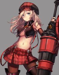 Rule 34 | 10s, 1girl, alisa ilinichina amiella, black gloves, black pantyhose, blonde hair, blue eyes, boots, breasts, cabbie hat, cowboy shot, elbow gloves, fingerless gloves, gloves, god eater, god eater burst, grey background, hat, highres, huge weapon, large breasts, long hair, looking at viewer, midriff, momoko (momopoco), navel, pantyhose, plaid, plaid skirt, simple background, skirt, solo, suspender skirt, suspenders, thigh boots, thighhighs, underboob, weapon