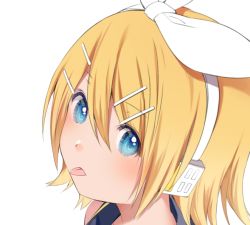 Rule 34 | 1girl, bare shoulders, blonde hair, blue eyes, bow, collar, grey collar, hair bow, hair ornament, hairclip, headphones, hmniao, kagamine rin, looking at viewer, portrait, sailor collar, short hair, solo, swept bangs, tongue, tongue out, vocaloid, white background, white bow