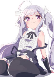 Rule 34 | 1girl, :3, ahoge, assault lily, bare shoulders, black ribbon, black skirt, black sleeves, black thighhighs, blunt bangs, blush, bow, buttons, closed mouth, commentary request, detached sleeves, frilled shirt, frilled skirt, frills, from below, grey hair, hair bow, honkawa works, long hair, looking at viewer, miniskirt, miriam hildegard von gropius, neck ribbon, no shoes, pink eyes, ribbon, school uniform, shirt, sidelocks, simple background, sitting, skirt, sleeve bow, sleeveless, sleeveless shirt, smile, solo, suspender skirt, suspenders, suspenders slip, thighhighs, twintails, very long hair, wariza, white background, white bow, white shirt, yurigaoka girls academy school uniform