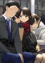 Rule 34 | 1boy, 2girls, bag, black hair, blue necktie, blue pants, blush, brown coat, brown eyes, brown hair, closed eyes, closed mouth, coat, commentary request, douki-chan (douki-chan), douki-kun (douki-chan), earrings, fingernails, formal, ganbare douki-chan, highres, holding, holding bag, jewelry, kouhai-chan (douki-chan), mole, mole on cheek, multiple girls, necktie, pants, pantyhose, red scarf, scarf, shirt, short hair, sitting, sleeping, smile, suit, train interior, white shirt, yomu (sgt epper)