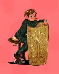 Rule 34 | 1boy, artist name, blush, brown hair, chilchuck tims, dungeon meshi, formal, from side, full body, green jacket, green pants, halfling, hand on own arm, highres, jacket, jewelry, katy ho, large ears, loafers, long sleeves, looking at viewer, male focus, outstretched arm, pants, red background, ring, shield, shoes, short hair, sideways glance, simple background, sitting, solo, stool, suit
