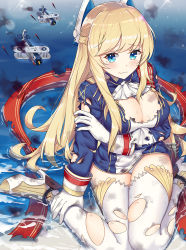 Rule 34 | 1girl, aircraft, airplane, aly (wei983999767), ascot, azur lane, bad id, bad pixiv id, beach, biplane, blonde hair, blue eyes, blue jacket, blush, boots, braid, breasts, cleavage, closed mouth, commentary request, glorious (azur lane), gloves, high heel boots, high heels, highres, jacket, large breasts, long hair, long sleeves, military jacket, ocean, panties, sitting, smoke, solo, thighhighs, torn clothes, torn jacket, torn thighhighs, underwear, very long hair, wariza, water, wavy mouth, white ascot, white footwear, white gloves, white panties, white thighhighs