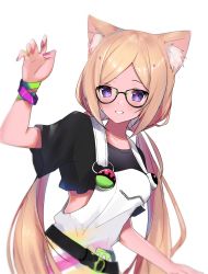Rule 34 | 1girl, absurdres, aki rosenthal, aki rosenthal (gaming casual), alternate costume, animal ear fluff, animal ears, bad id, bad pixiv id, belt, black-framed eyewear, blonde hair, cat ears, glasses, highres, hololive, long hair, maru ccy, multicolored nails, nail polish, overalls, parted lips, purple eyes, simple background, solo, twintails, upper body, virtual youtuber, white background, wristband